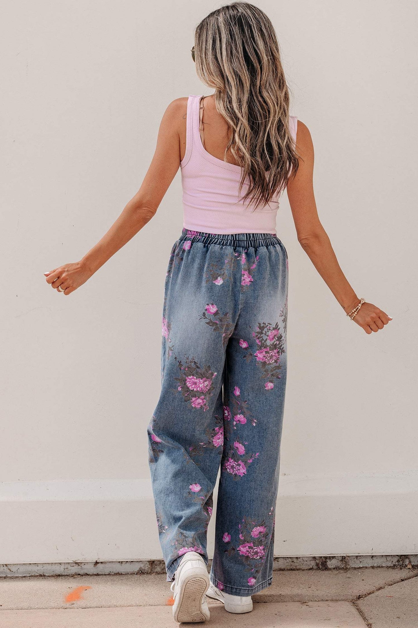 Beau Blue Floral Print Elastic Waist Pull On Casual Jeans