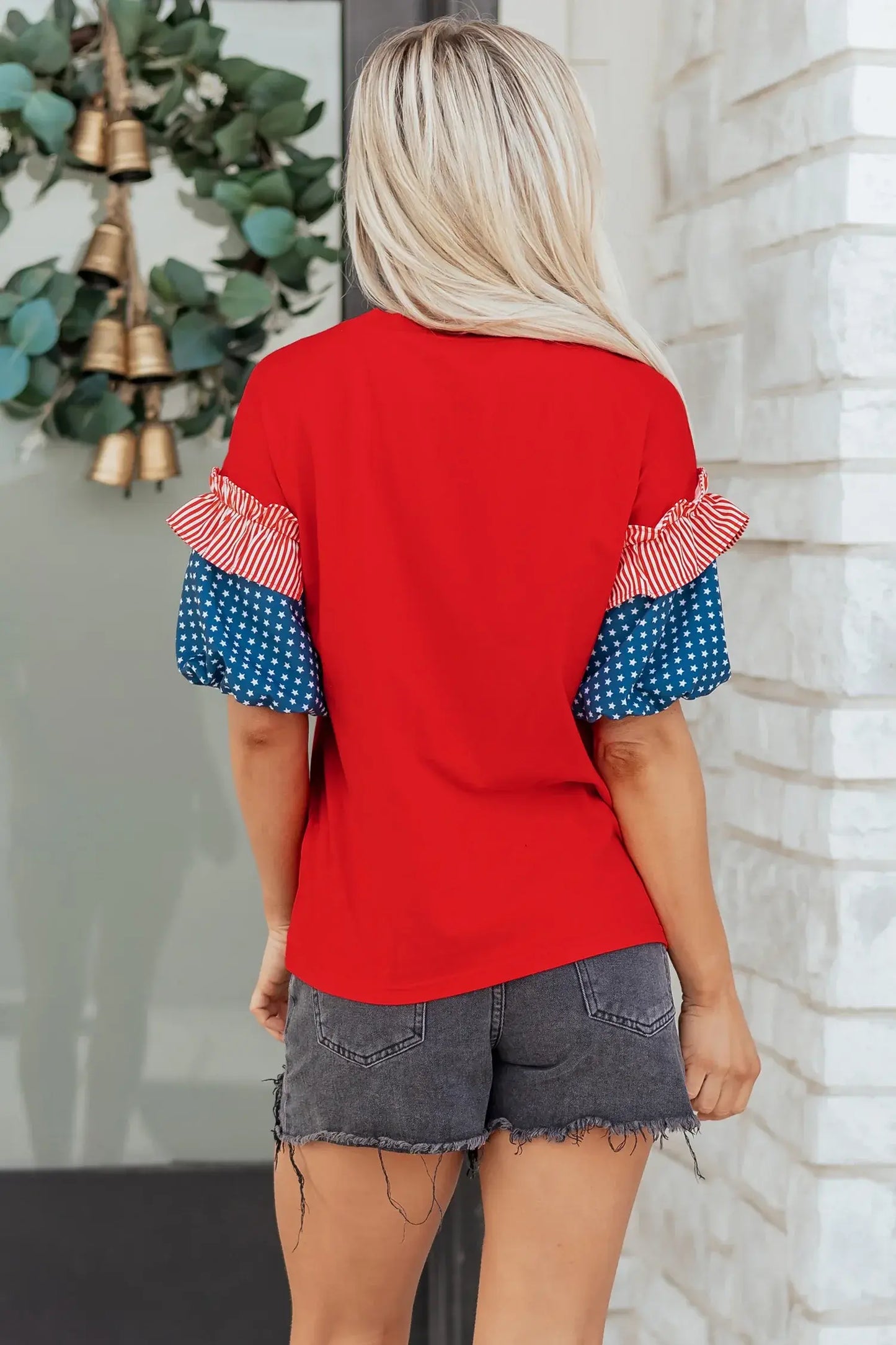 Beau Blue Stars Stripes Short Puff Sleeve Top - Sweet Fashion Wholesale