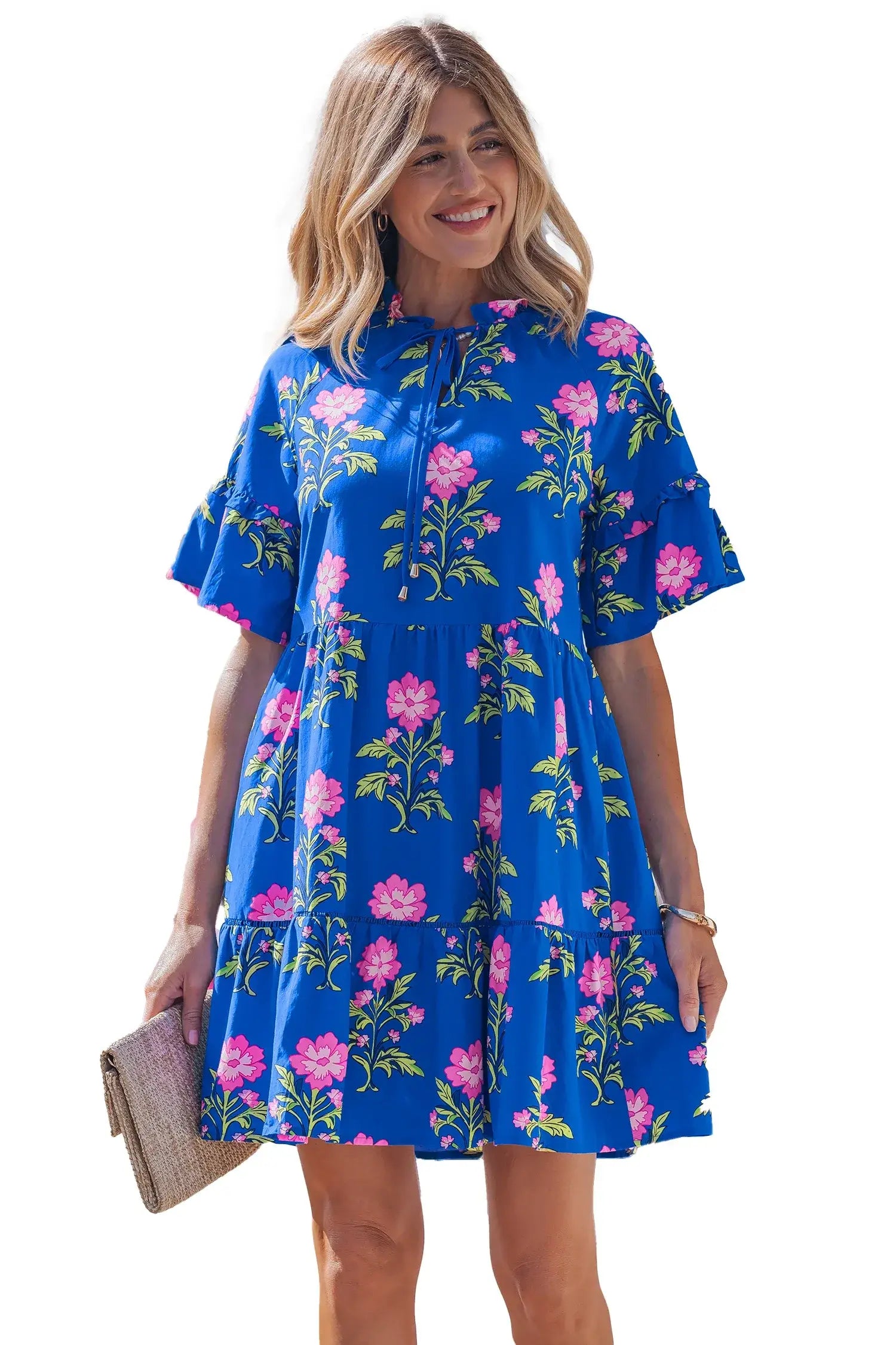 Blue V Neck Short Sleeve Loose Flower Dress - Sweet Fashion Wholesale