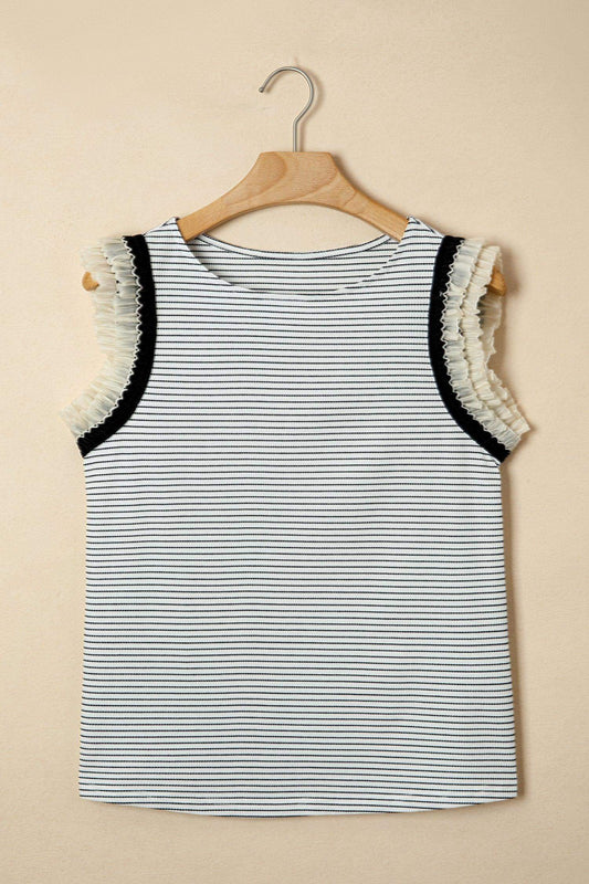 Black Stripe Contrasted Ruffle Trim Casual Tank Top - Sweet Fashion Wholesale