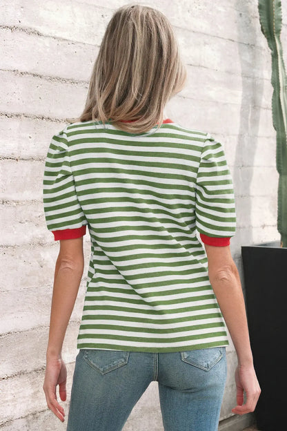Rose Stripe Short Puff Sleeve Contrast Trim Round Neck Tee - Sweet Fashion Wholesale