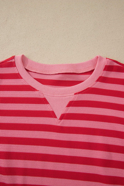 Red Stripe Puff Short Sleeve T Shirt Matching Shorts Set