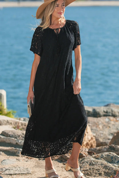 Black Floral Lace Overlay Tassel Tie Short Sleeve Beach Vacation Loose Maxi Dress - Sweet Fashion Wholesale