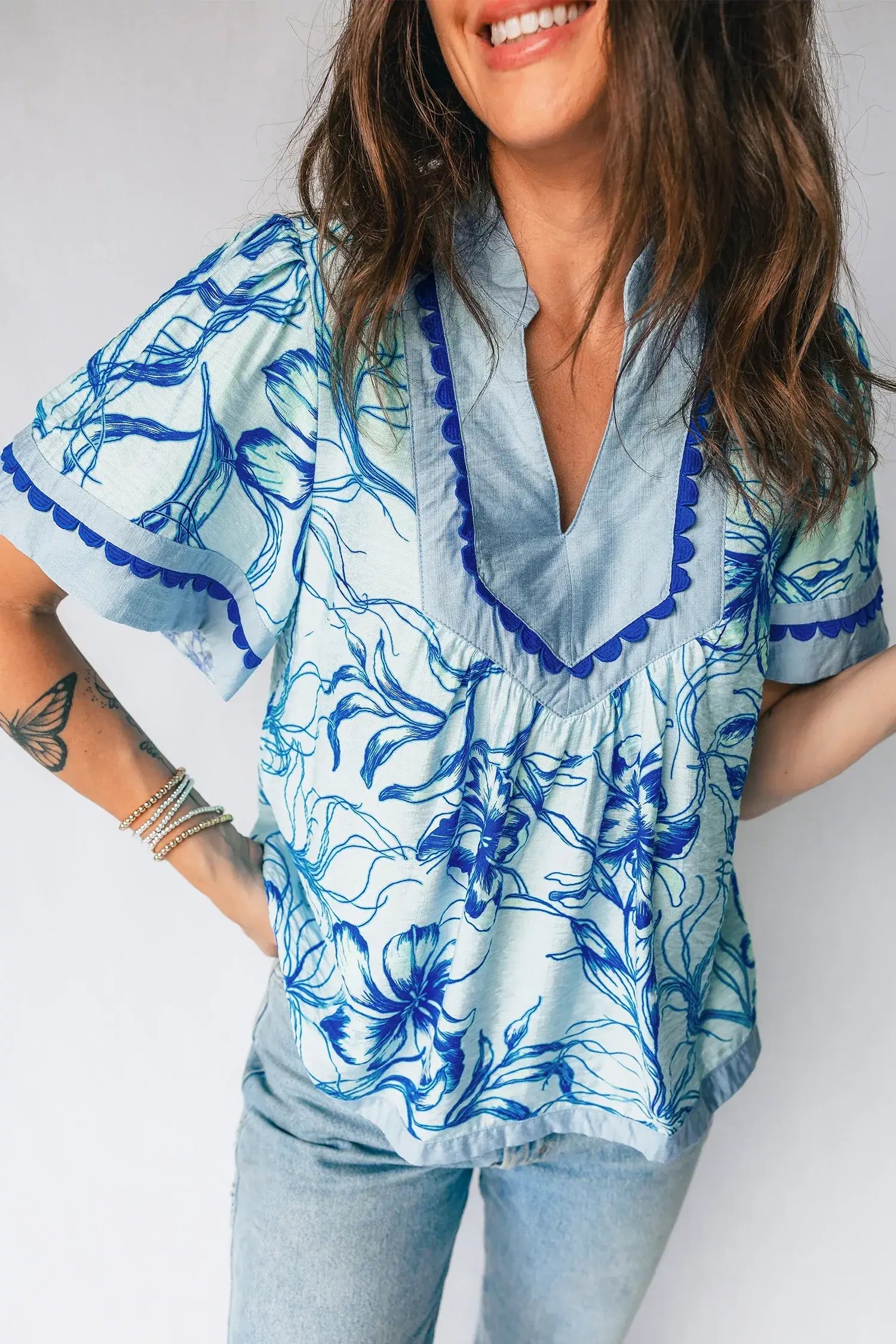 Sky Blue Ricrac Trim Slit V Neck Short Sleeve Floral Blouse - Sweet Fashion Wholesale