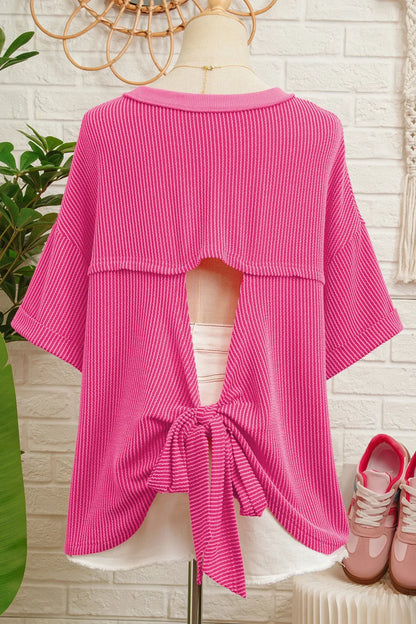 Rose Red Spiral Ribbed Cutout Bow Knot Back Oversize T Shirt - Sweet Fashion Wholesale