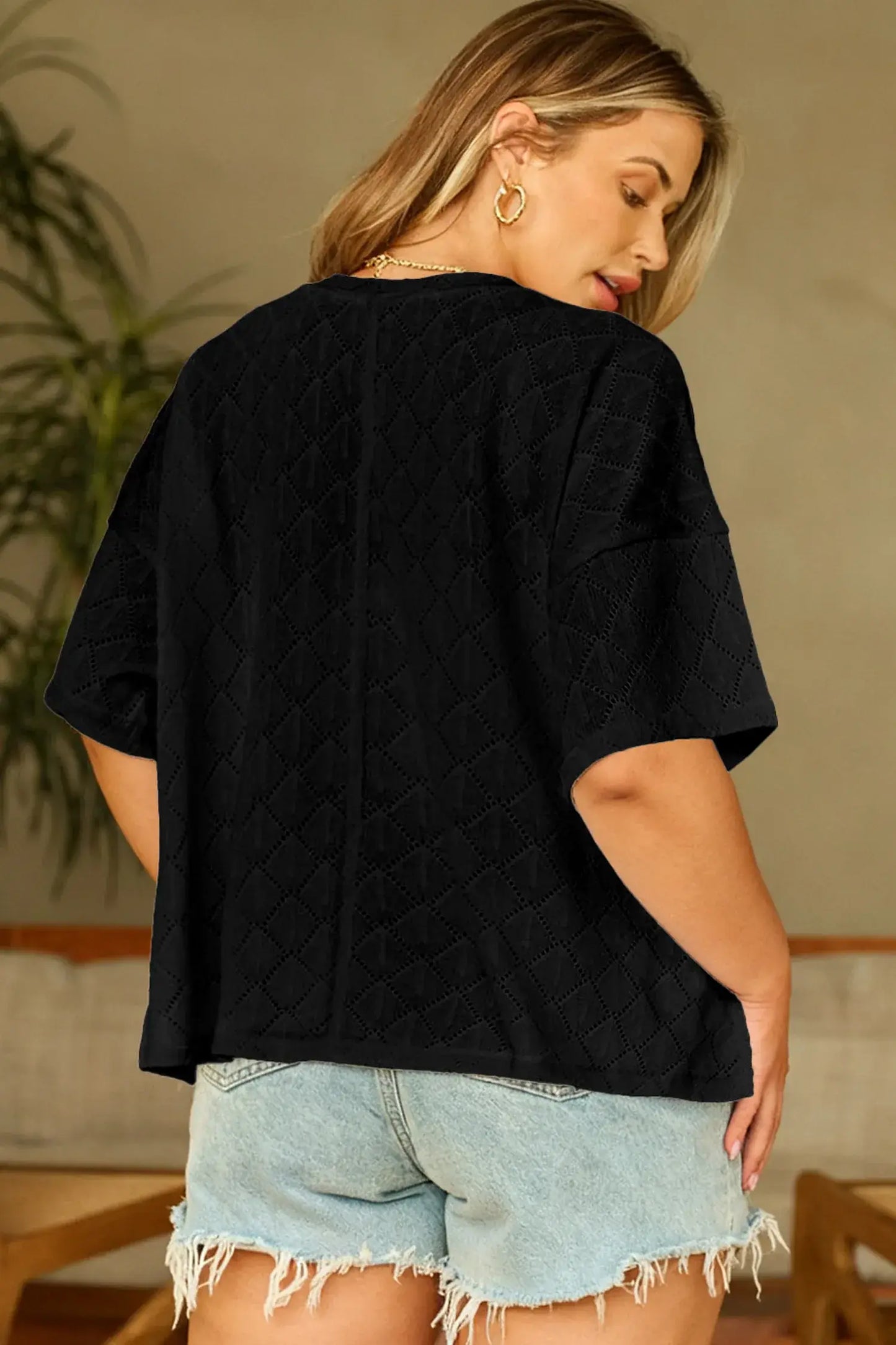 Black Pointelle Rhombus Knit Plus Size V Neck Loose Top - Sweet Fashion Wholesale