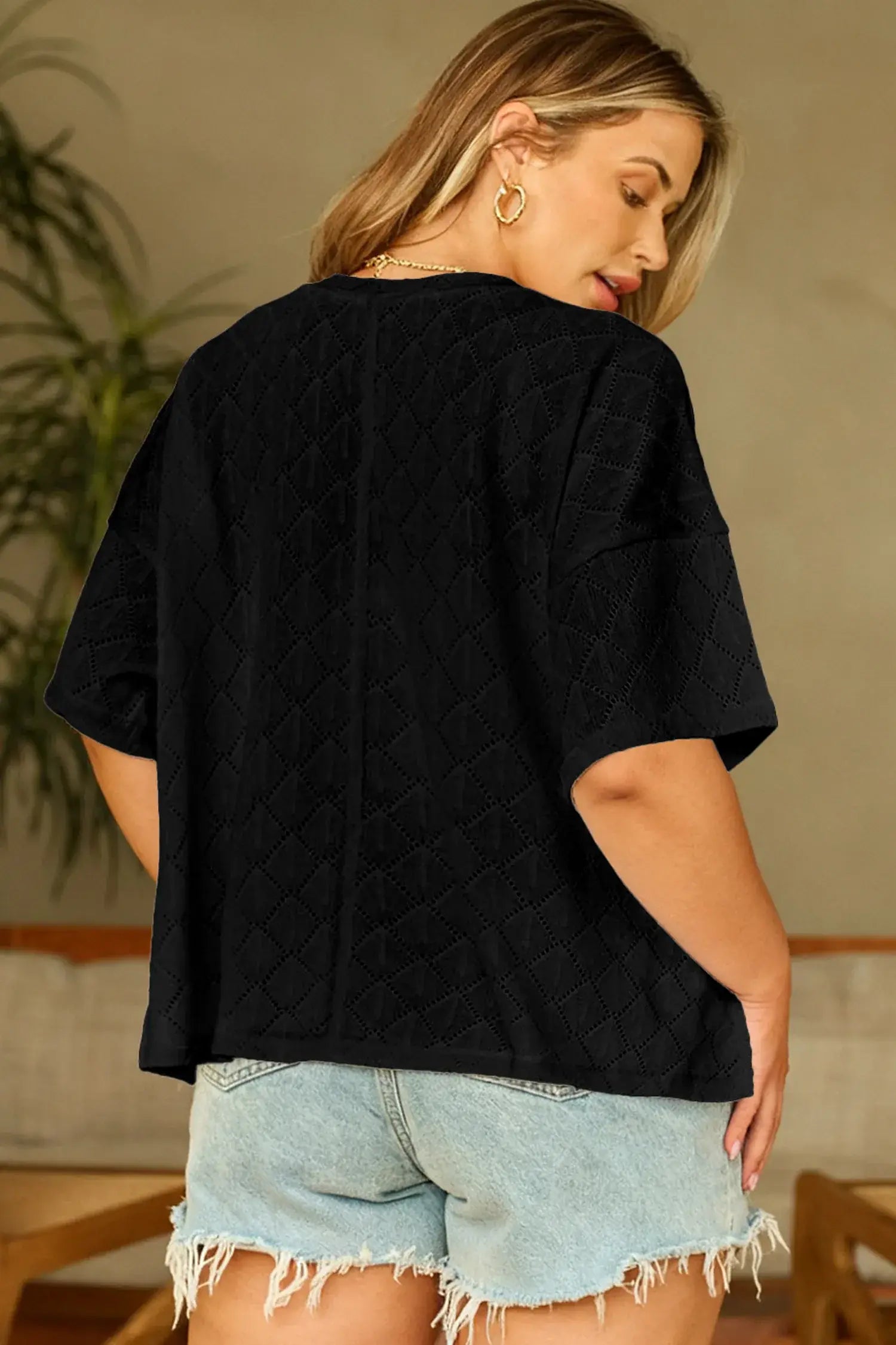 Black Pointelle Rhombus Knit Plus Size V Neck Loose Top - Sweet Fashion Wholesale