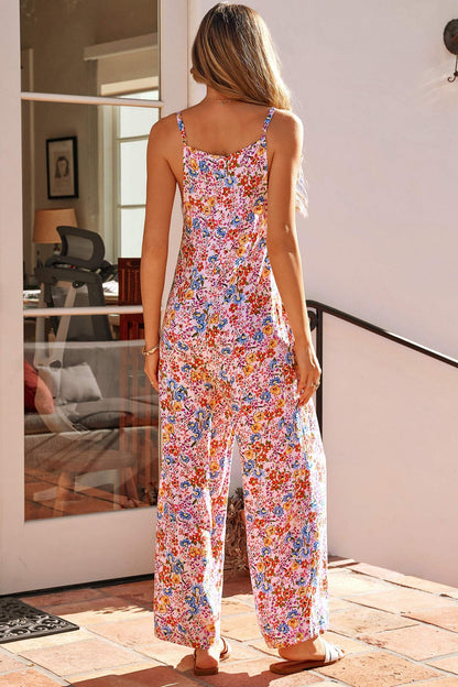 Khaki Floral Print Spaghetti Straps Loose Pocketed Jumpsuit