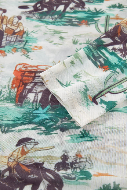 Green Western Print Long Sleeve Round Neck Slim Top