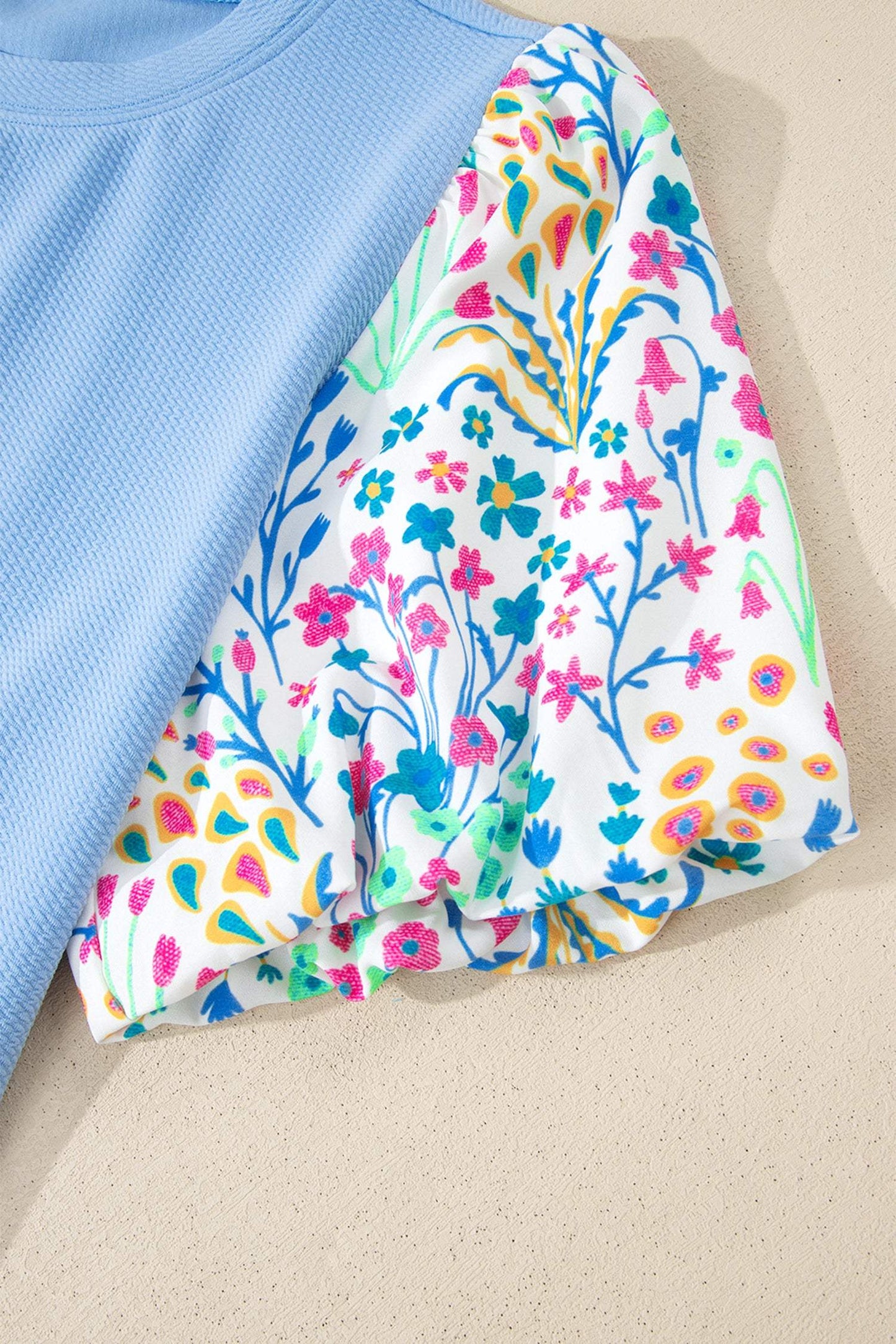 Light Blue Textured Bodice Contrast Floral Sleeve Plus Size Top