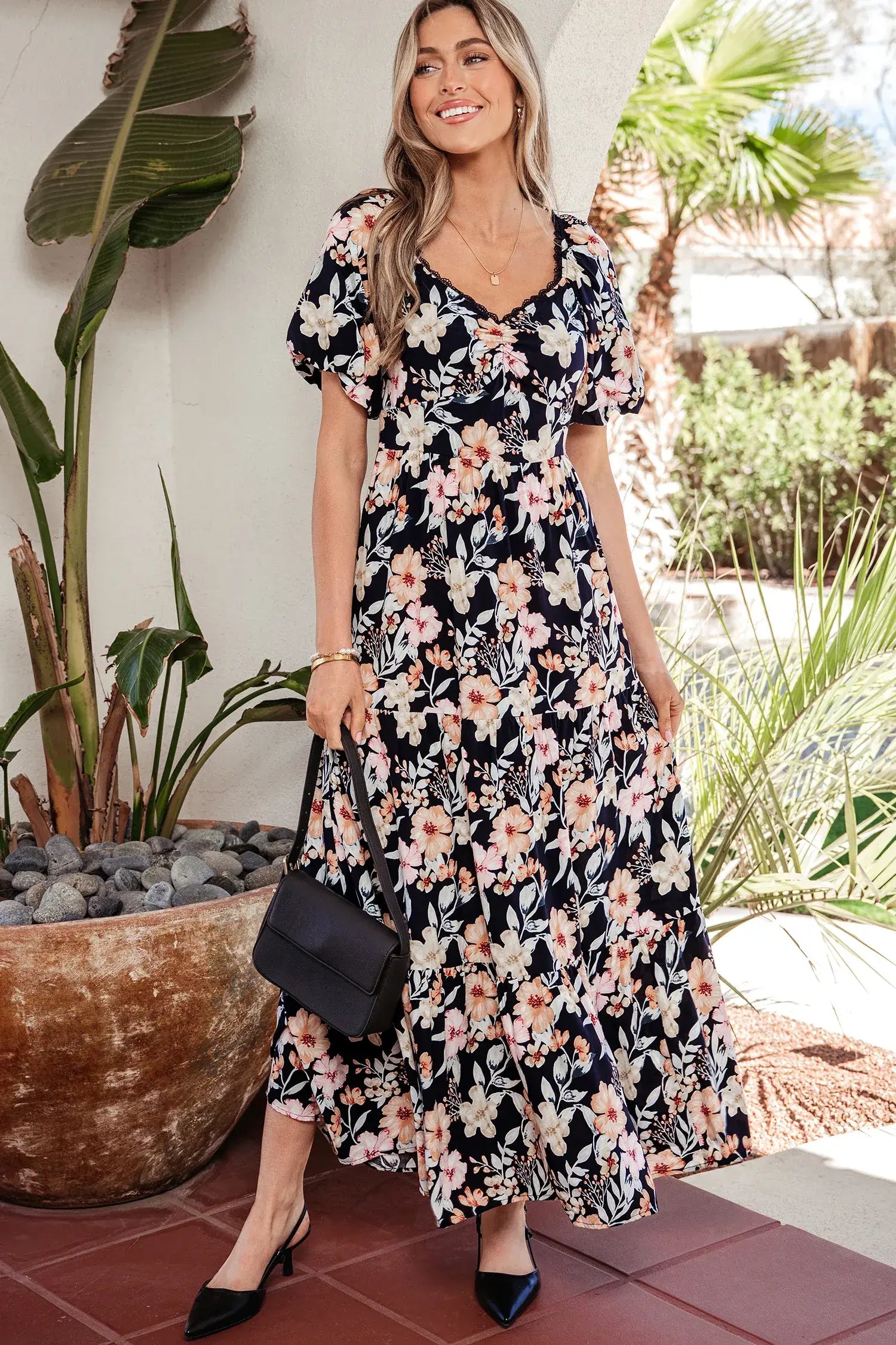 Blue Short Sleeve Smocked Detail High Waist Floral Maxi Dress - Sweet Fashion Wholesale