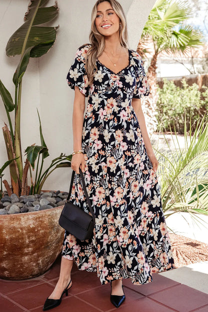 Blue Short Sleeve Smocked Detail High Waist Floral Maxi Dress - Sweet Fashion Wholesale