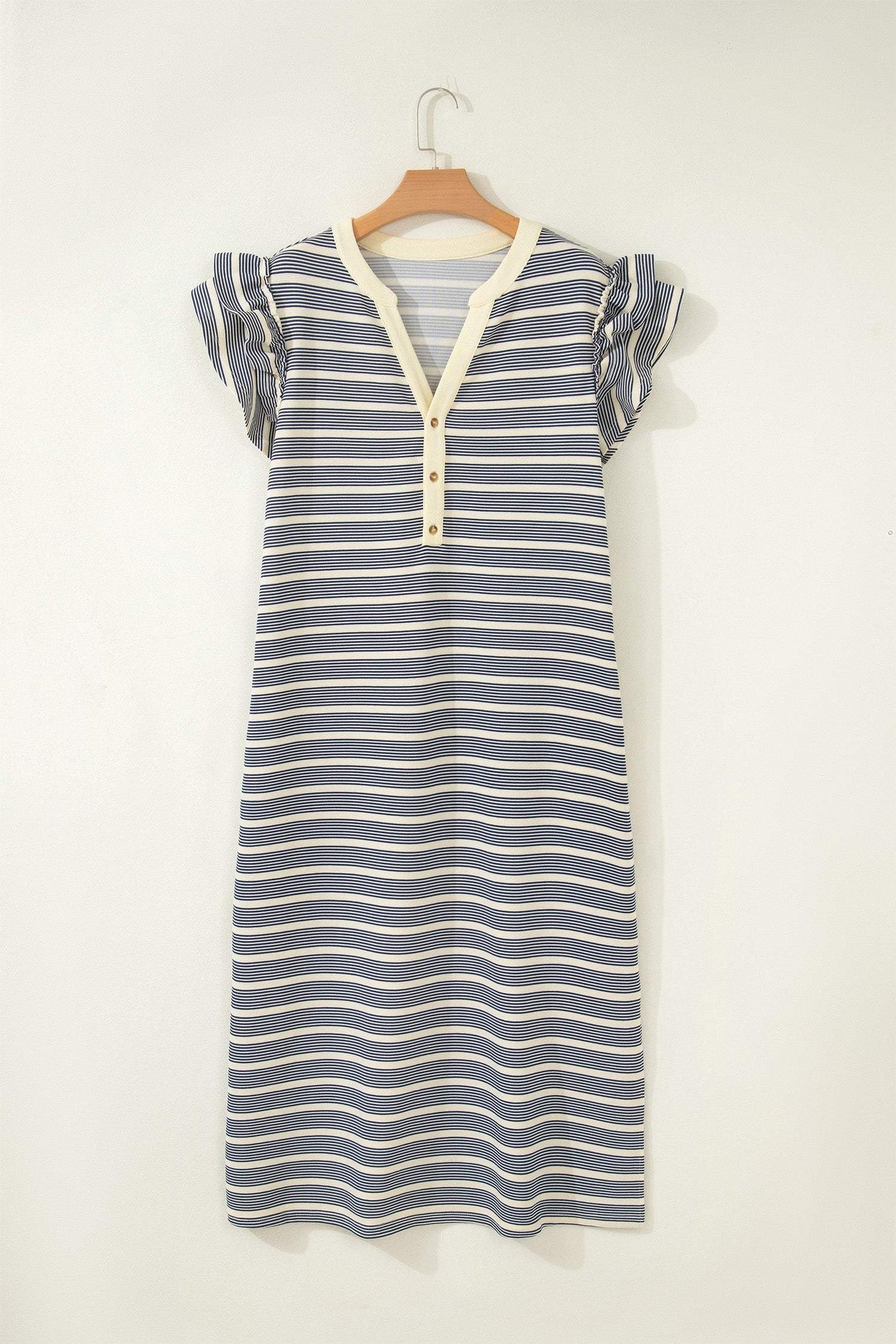 Blue Stripe Plus Size Contrast Trim Button V Neck Ruffle Sleeve Shift Dress