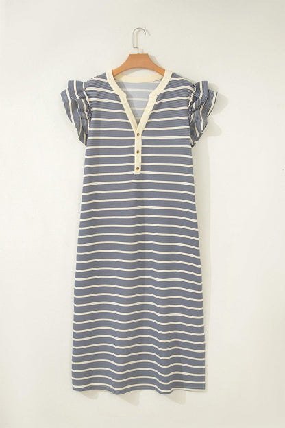 Blue Stripe Plus Size Contrast Trim Button V Neck Ruffle Sleeve Shift Dress