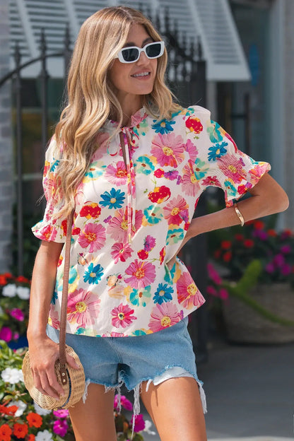 Beige Vibrant Summer Floral Tie V Neck Short Puff Sleeve Blouse - Sweet Fashion Wholesale