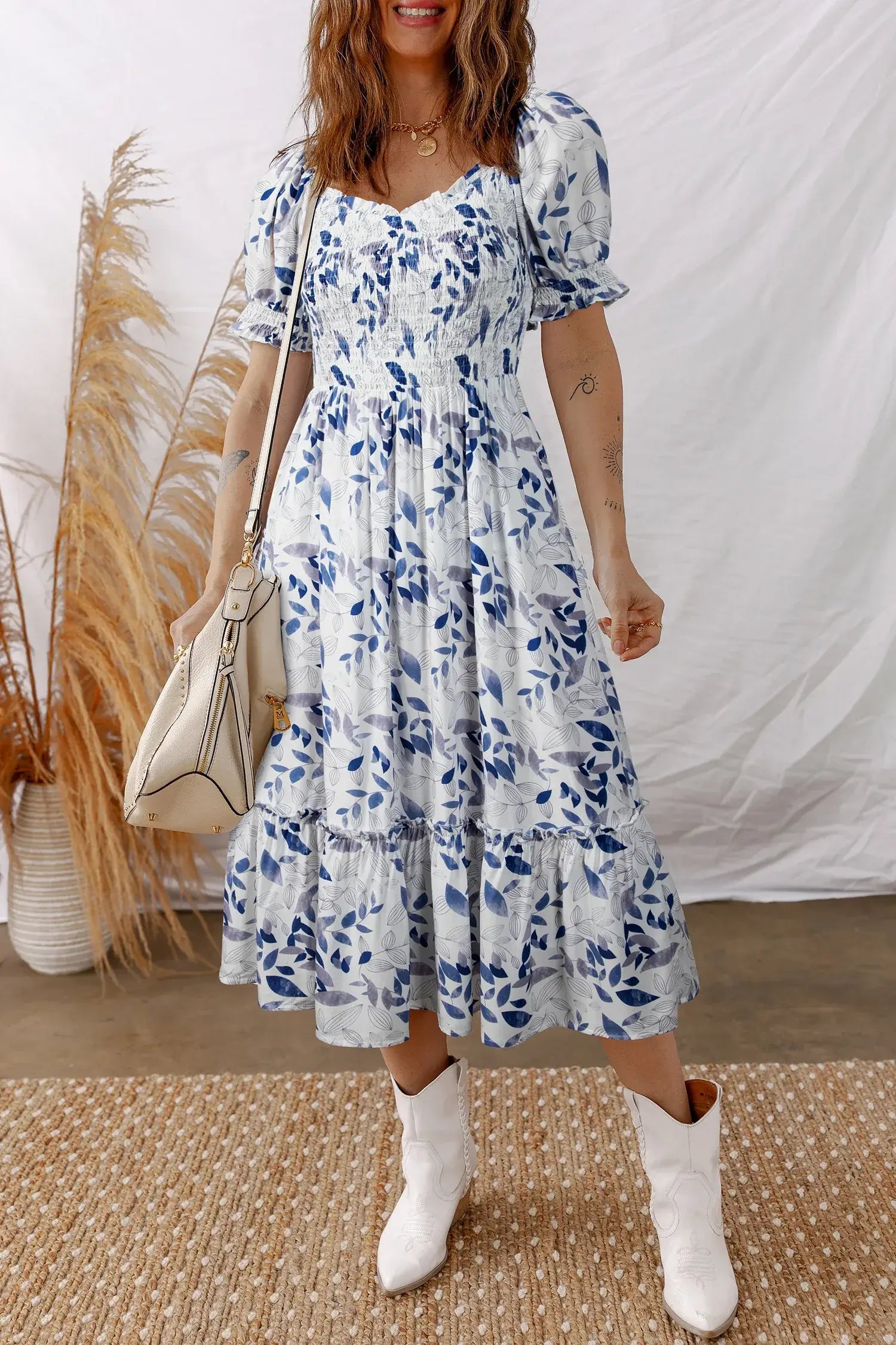 Sky Blue Smocked Bodice Short Puff Sleeve Tiered Floral Midi Dress - Sweet Fashion Wholesale