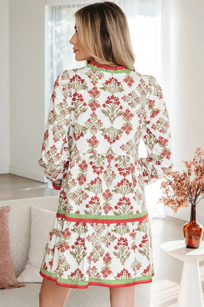 Pink Floral Print Contrast Trim Frilled Neck Long Sleeve Flared Dress - Sweet Fashion Wholesale