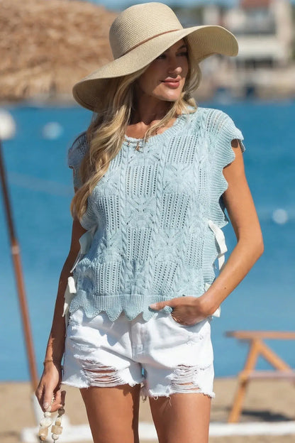 Mint Green Pointelle Knit Patterned Scalloped Trim Short Sleeve Sweater - Sweet Fashion Wholesale