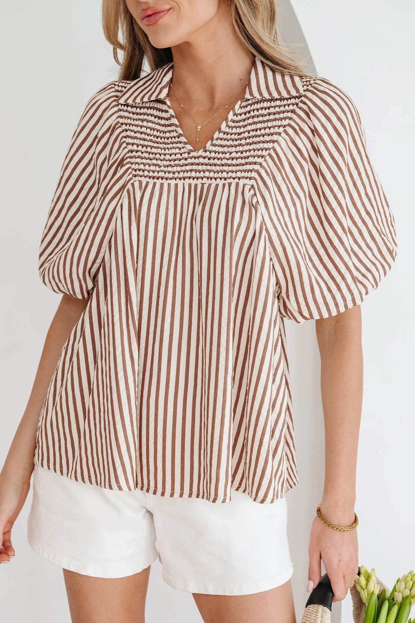 Brown Stripe Shirred V Neck Short Puff Sleeve Blouse - Sweet Fashion Wholesale