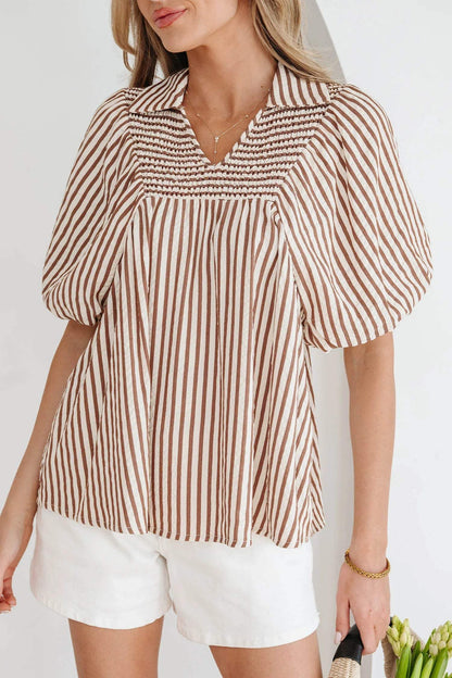 Brown Stripe Shirred V Neck Short Puff Sleeve Blouse - Sweet Fashion Wholesale