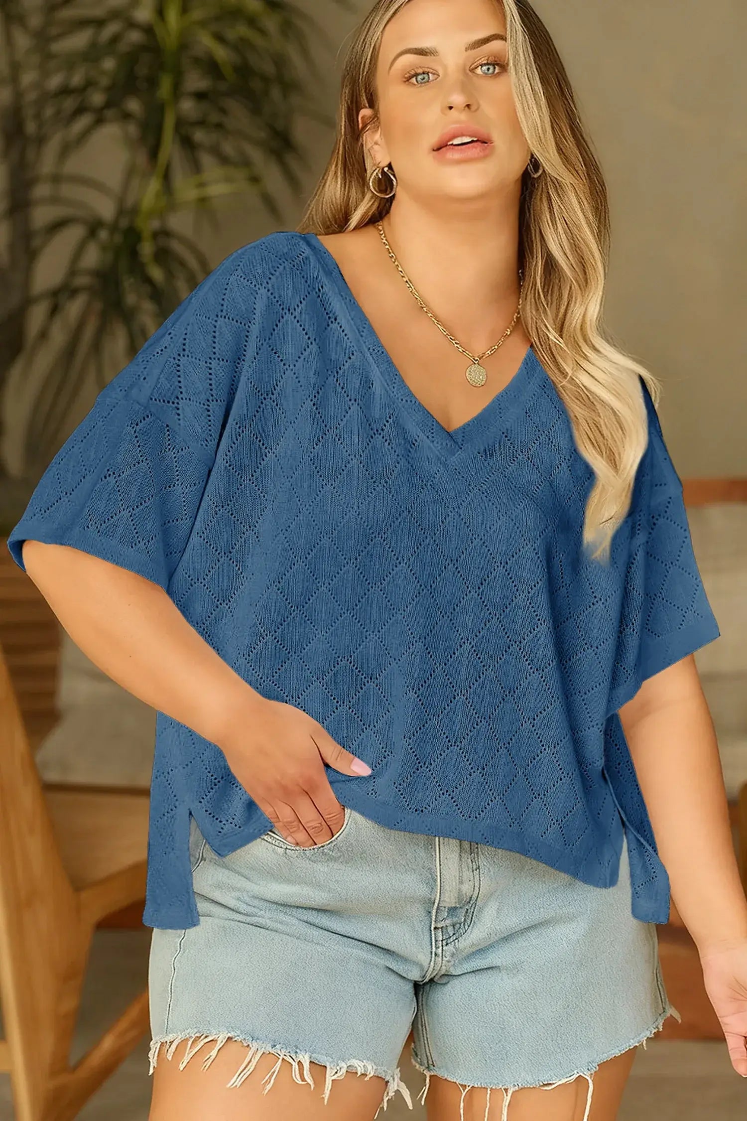 Black Pointelle Rhombus Knit Plus Size V Neck Loose Top - Sweet Fashion Wholesale