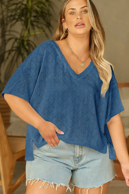 Black Pointelle Rhombus Knit Plus Size V Neck Loose Top - Sweet Fashion Wholesale