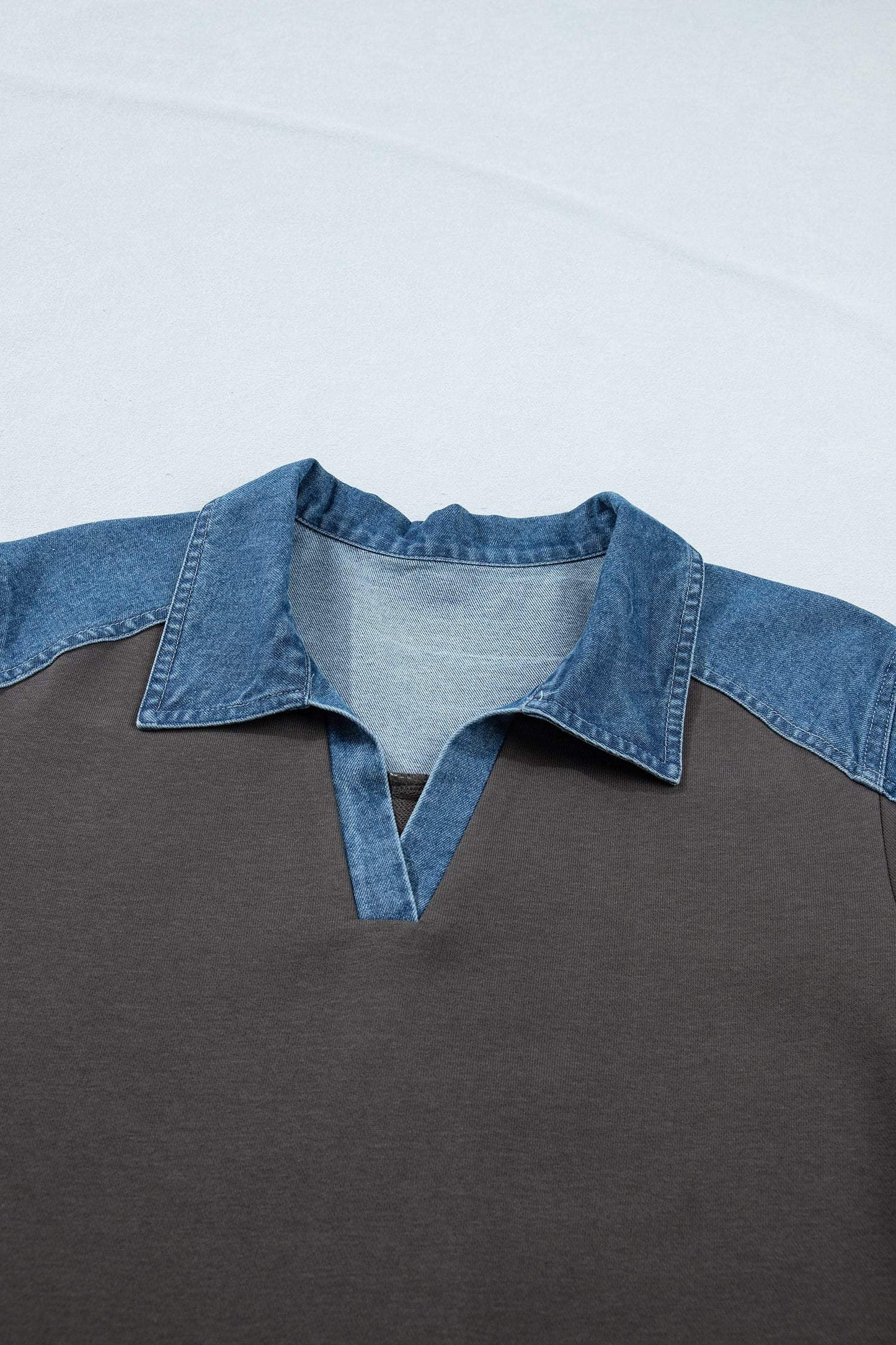 Carbon Grey Color Block Denim Patchwork Polo Collar T Shirt Shift Dress
