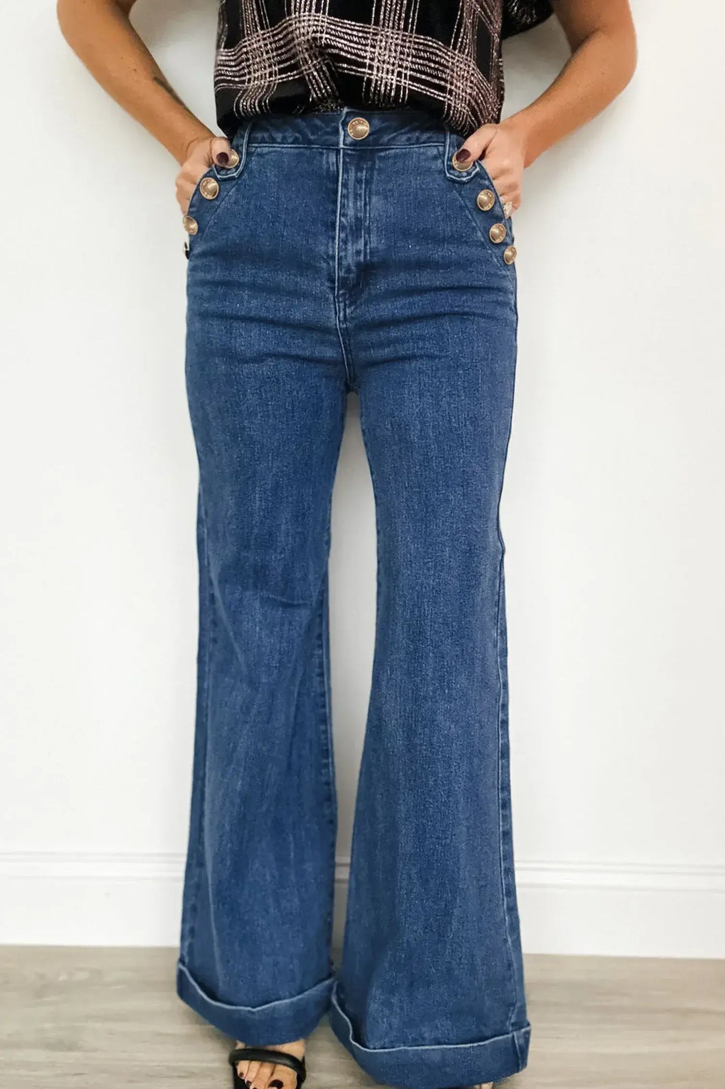 Ashleigh Blue Golden Button Detail Rolled Edge Flare Leg Jeans - Sweet Fashion Wholesale