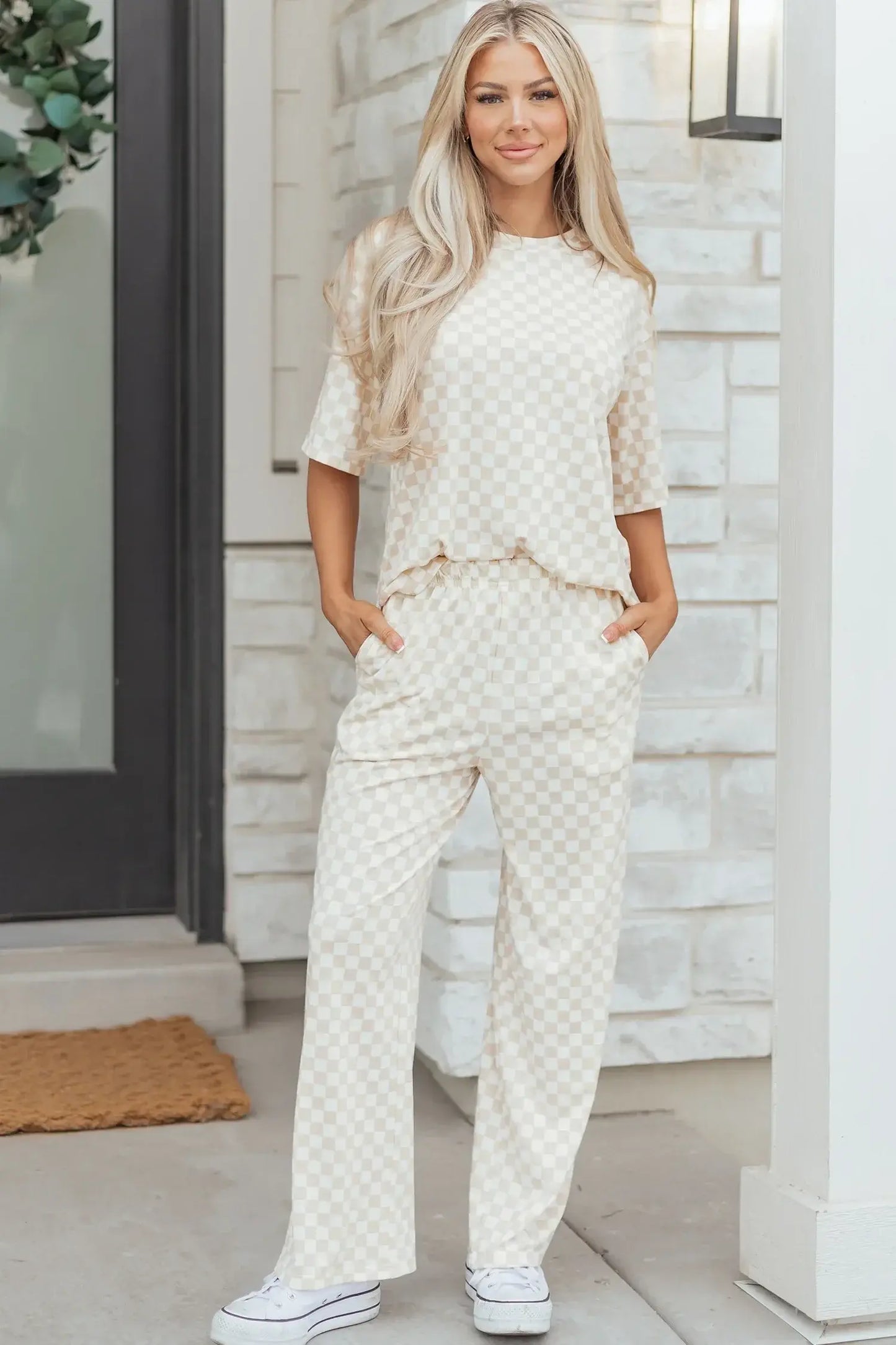 Khaki Checkered Print Half Sleeve Tee 2pcs Lounge Pant Set - Sweet Fashion Wholesale