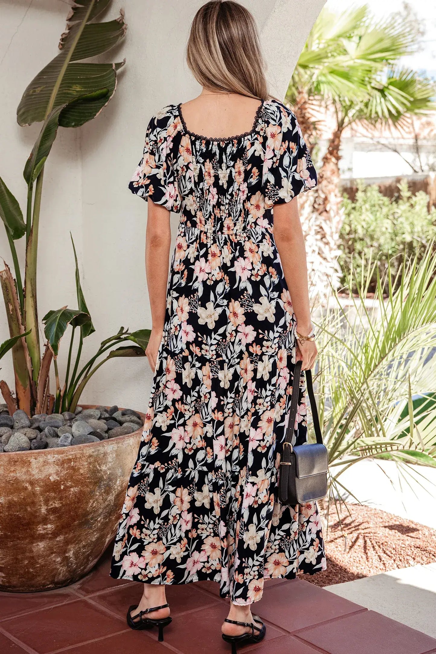 Blue Short Sleeve Smocked Detail High Waist Floral Maxi Dress - Sweet Fashion Wholesale