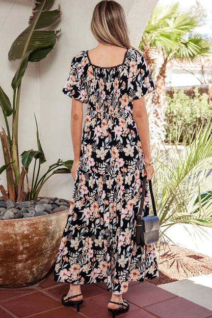 Blue Short Sleeve Smocked Detail High Waist Floral Maxi Dress - Sweet Fashion Wholesale