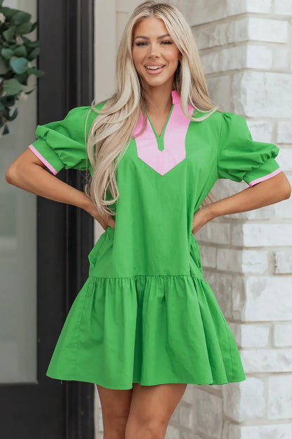 Bright Green Color Block Detail Split Neck Short Puff Sleeve Ruffle Hem Mini Dress - Sweet Fashion Wholesale