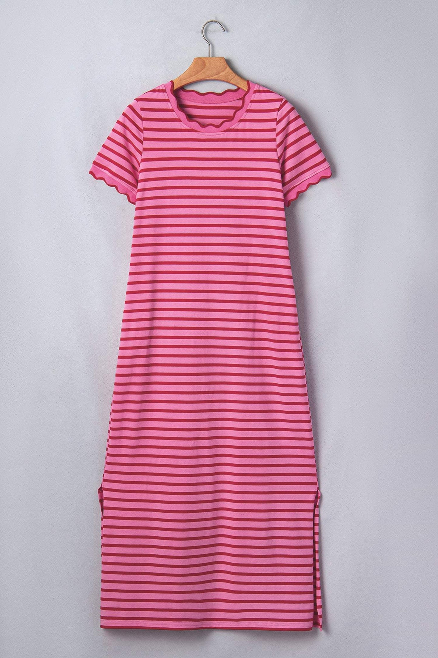 Rose Stripe Striped Short Sleeve Scalloped Trim Side Slit T-Shirt Dress