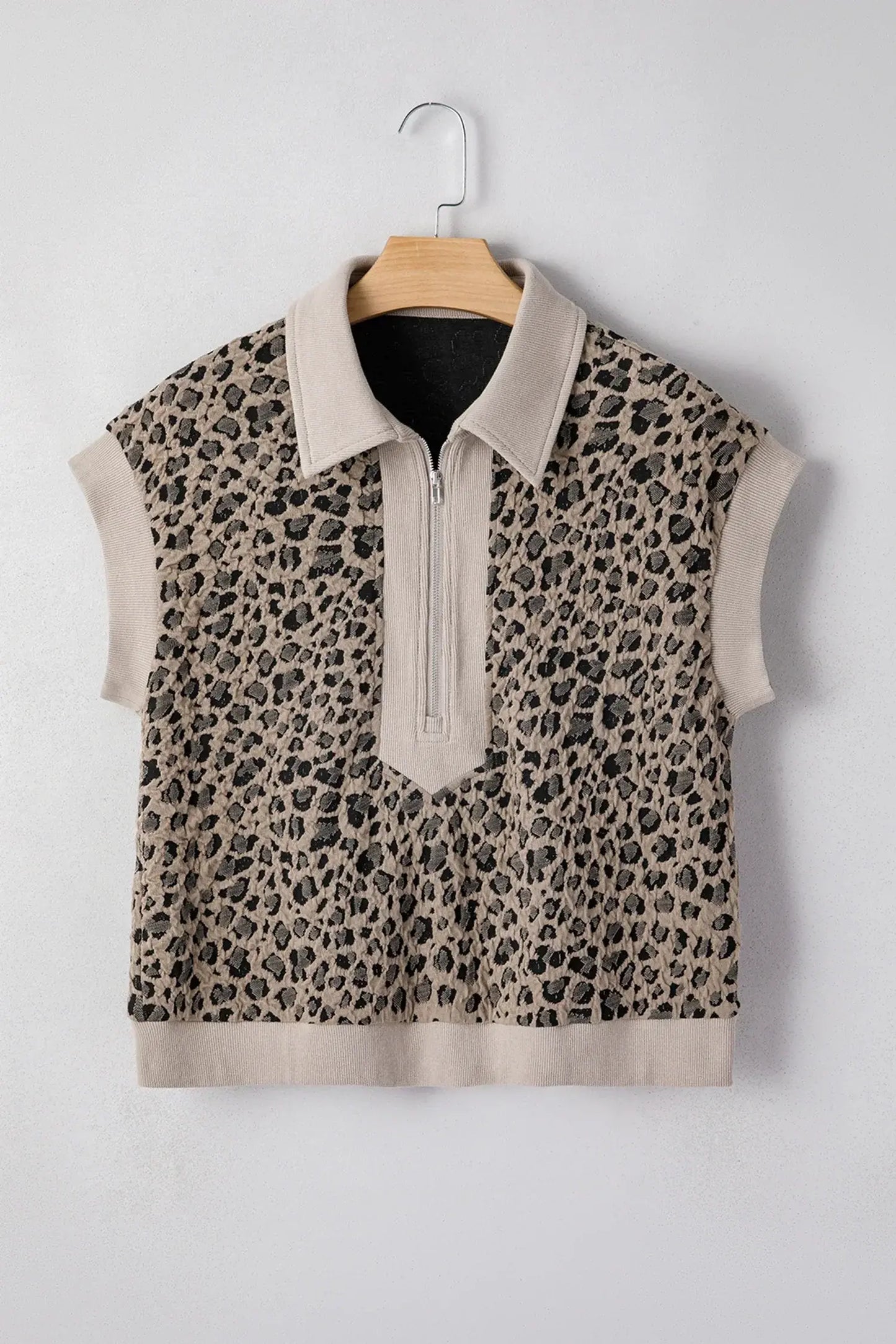 Beige Zip up Collared Leopard Cap Sleeve Top - Sweet Fashion Wholesale