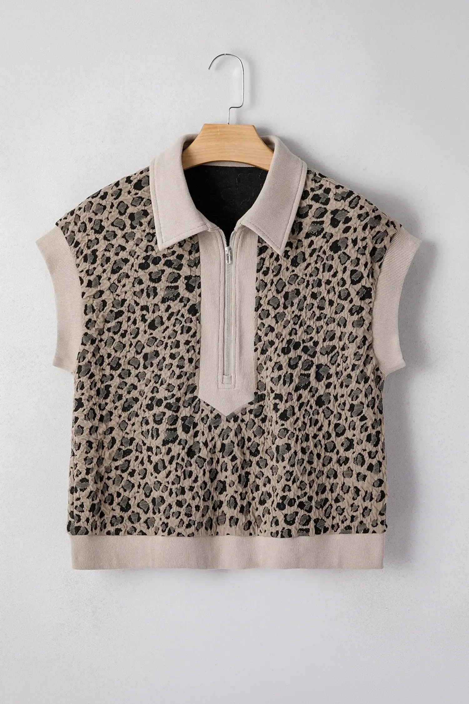 Beige Zip up Collared Leopard Cap Sleeve Top - Sweet Fashion Wholesale