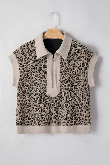 Beige Zip up Collared Leopard Cap Sleeve Top - Sweet Fashion Wholesale