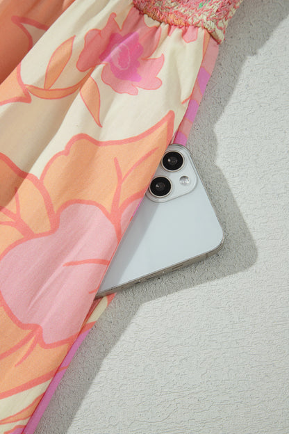 Pink Spaghetti Straps Floral Shirred High Waist Dress