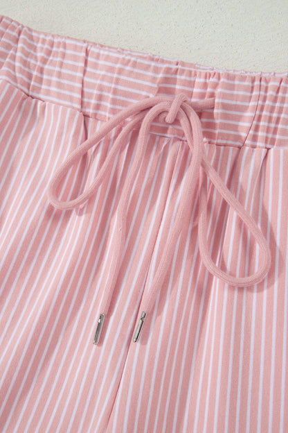 Khaki Stripe Dolman Sleeve Polo Shirt and Drawstring Shorts Set