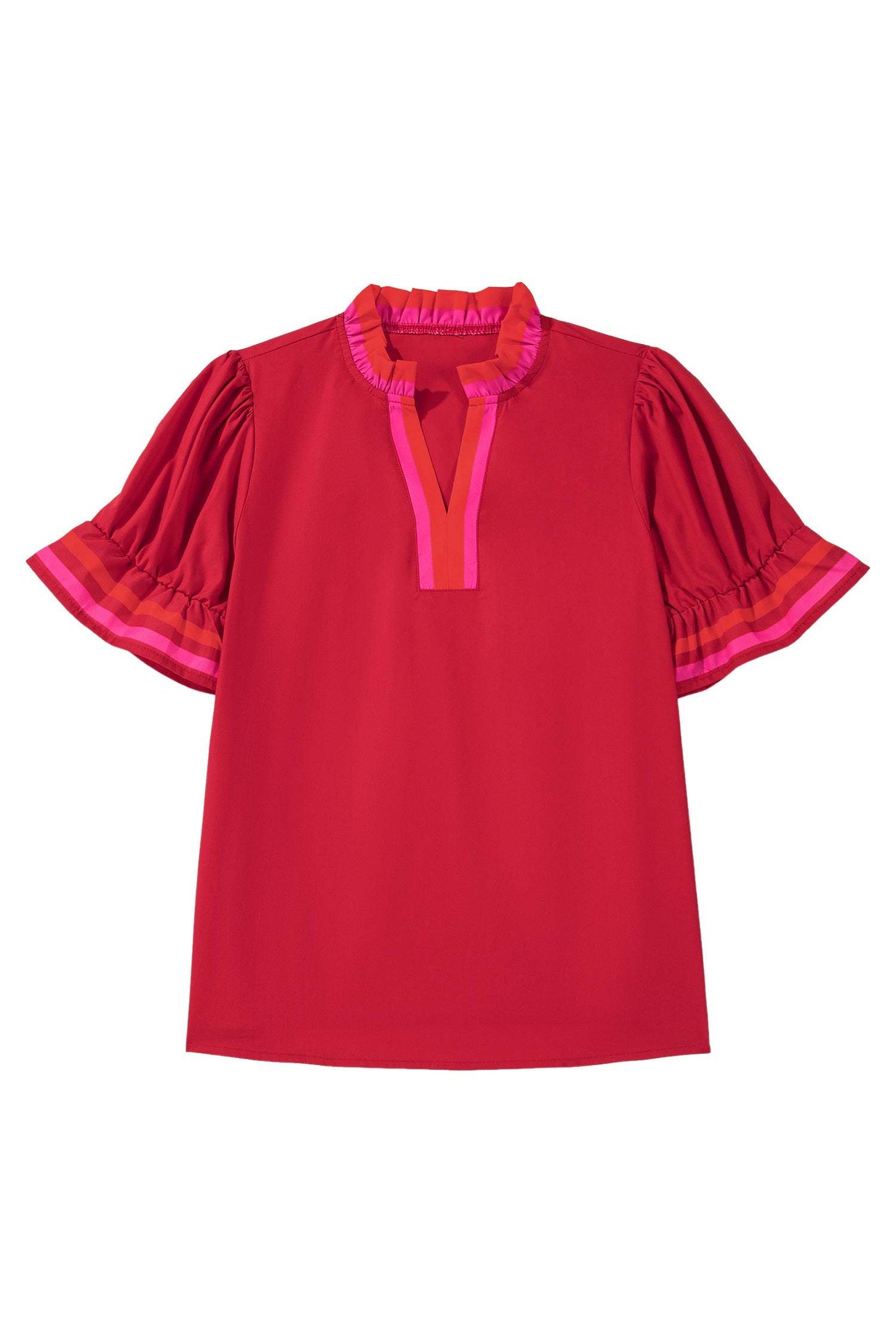 Fiery Red Striped Frilled Collar Ruffled Short Sleeve Blouse