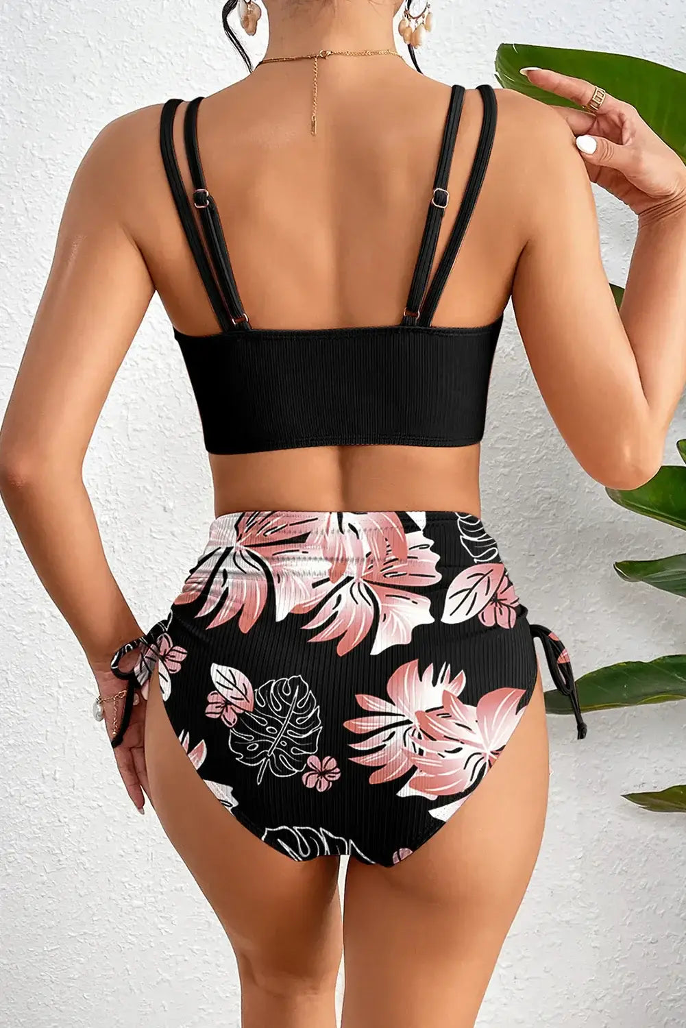 Black Ribbed Knit High Waist 2pcs Bikini Swimsuit - Sweet Fashion Wholesale