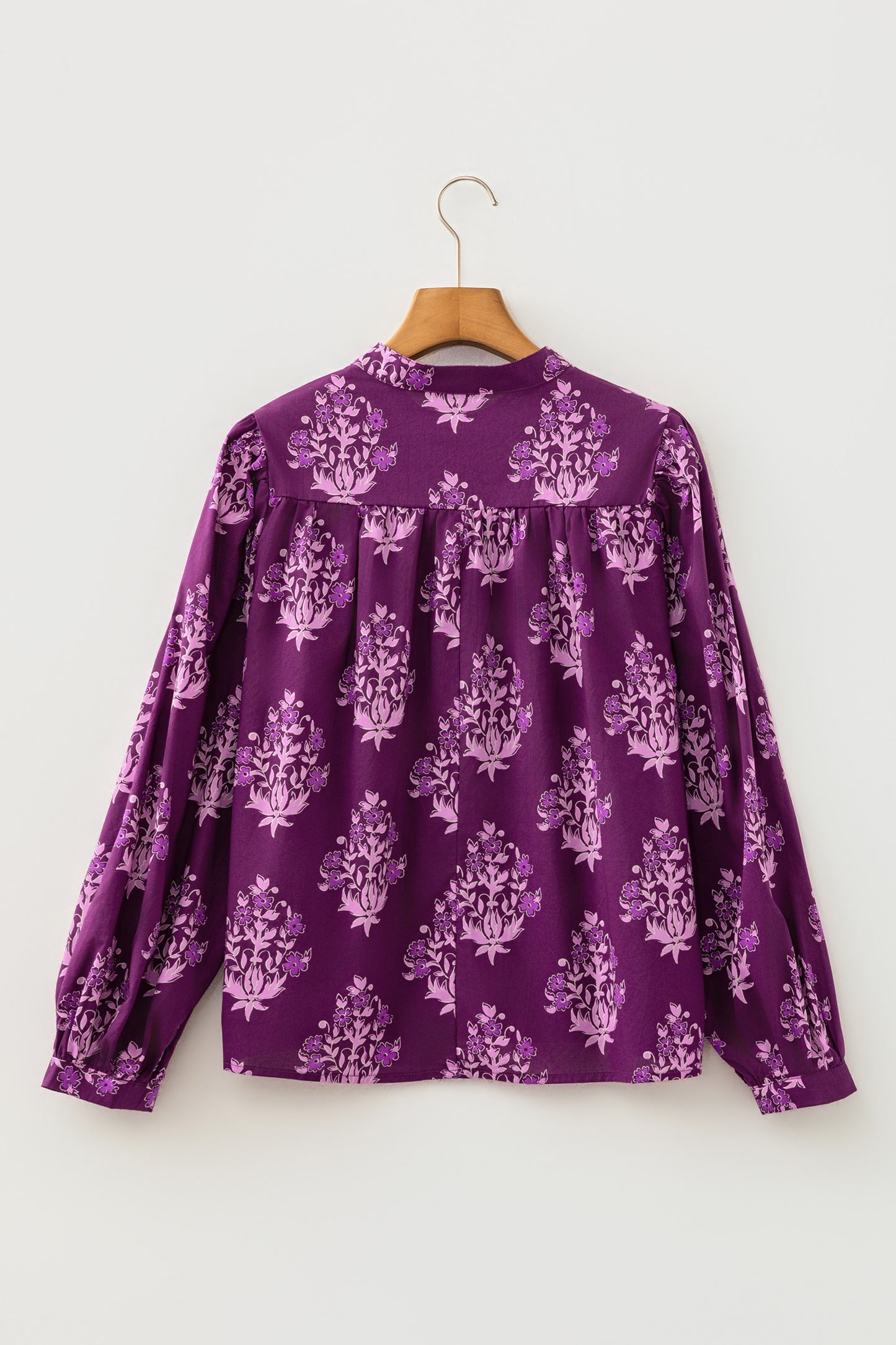 Purple Floral Print Button Front Long Sleeve Round Neck Casual Shift Top
