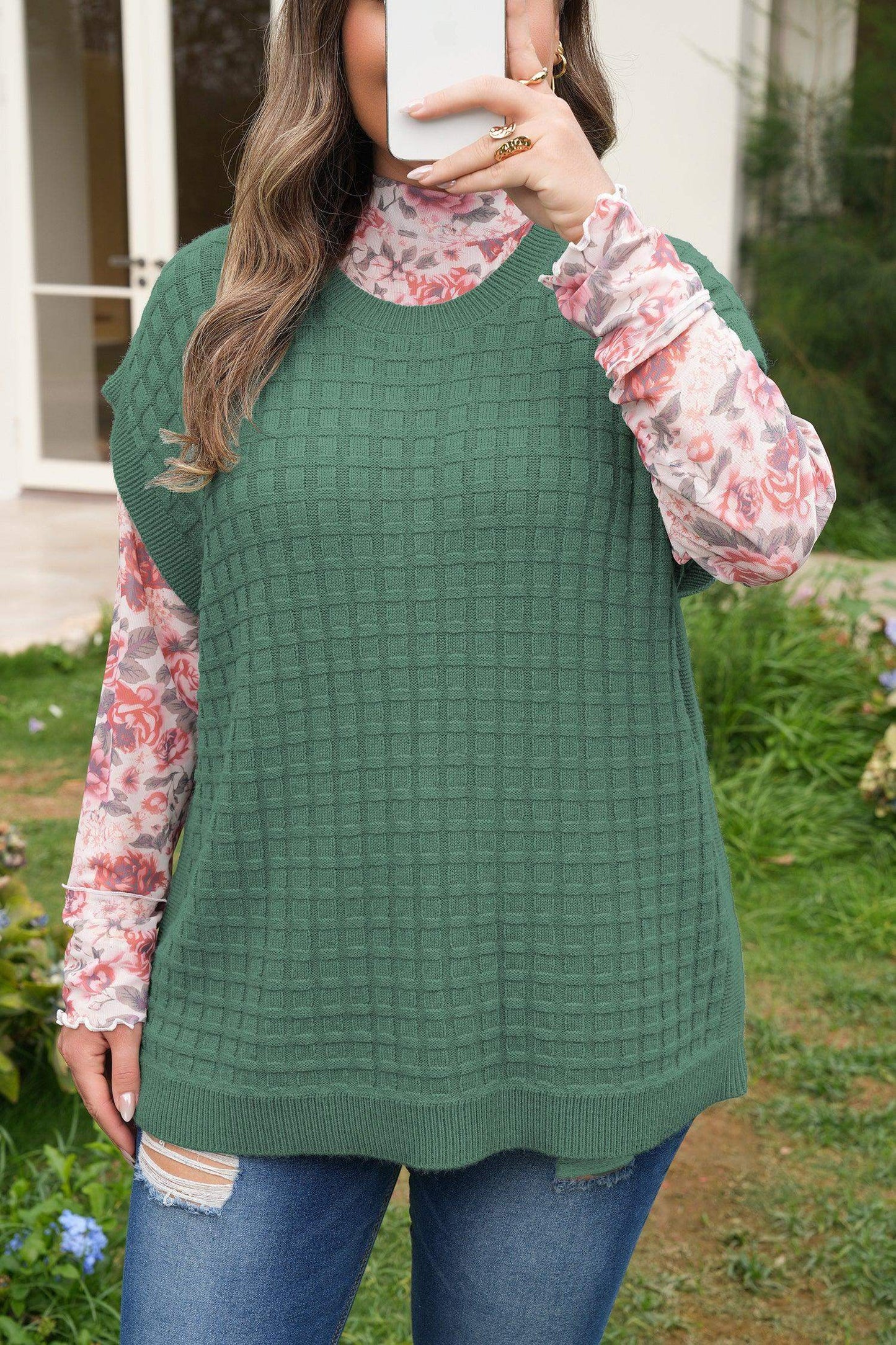 Mist Green Plus Size Solid Color Textured Knit Short Sleeve Sweater - Sweet Fashion Wholesale