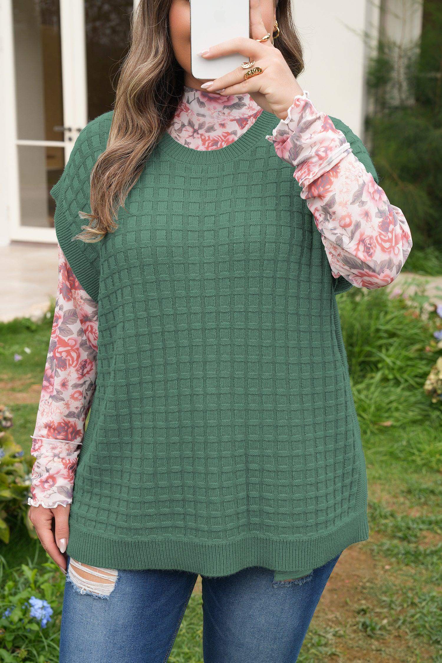 Mist Green Plus Size Solid Color Textured Knit Short Sleeve Sweater - Sweet Fashion Wholesale