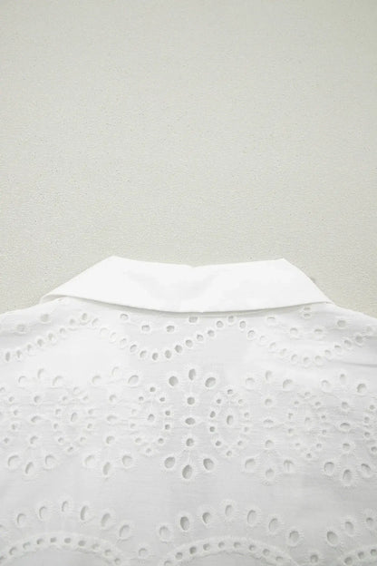 White Solid Color Eyelet Embroidered T Shirt Mini Dress - Sweet Fashion Wholesale