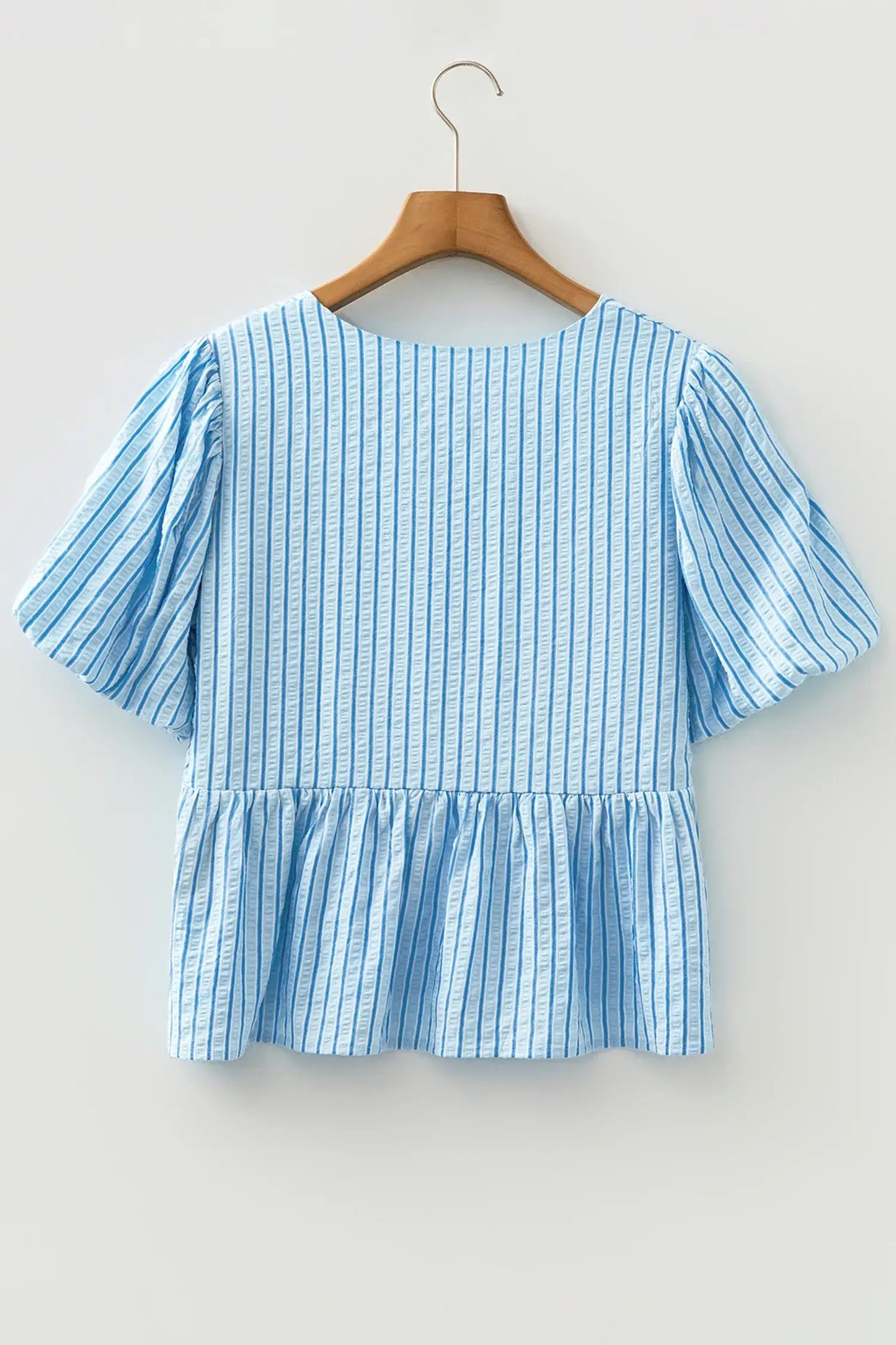 Sky Blue Stripe Bow Knot Textured Short Puff Sleeve Babydoll Blouse - Sweet Fashion Wholesale