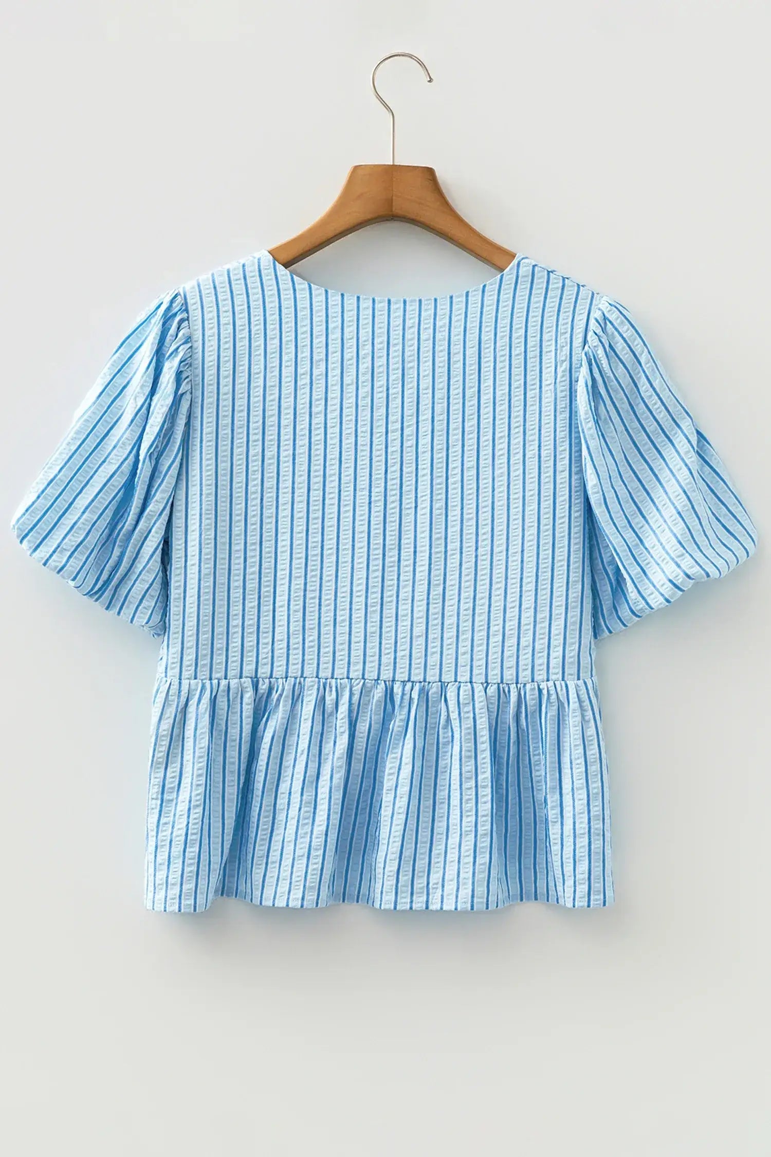Sky Blue Stripe Bow Knot Textured Short Puff Sleeve Babydoll Blouse - Sweet Fashion Wholesale