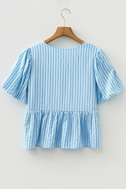 Sky Blue Stripe Bow Knot Textured Short Puff Sleeve Babydoll Blouse - Sweet Fashion Wholesale