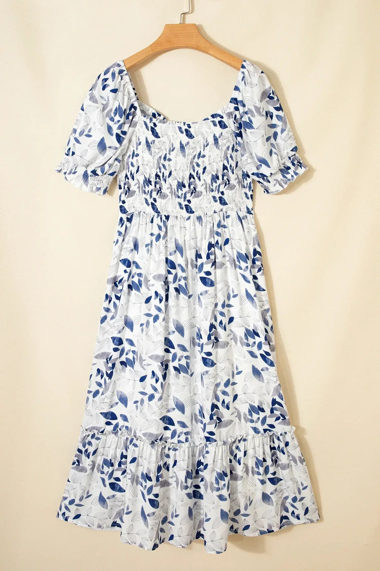 Sky Blue Smocked Bodice Short Puff Sleeve Tiered Floral Midi Dress - Sweet Fashion Wholesale