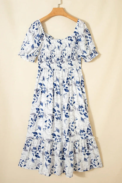 Sky Blue Smocked Bodice Short Puff Sleeve Tiered Floral Midi Dress - Sweet Fashion Wholesale