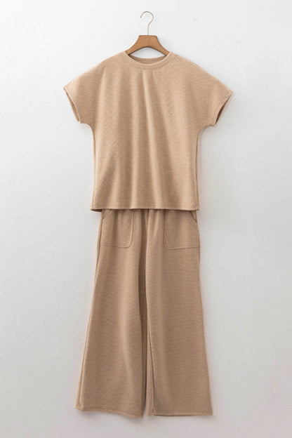 Light French Beige Short Sleeve Ribbed Top Wide Leg Pants Two Piece Set